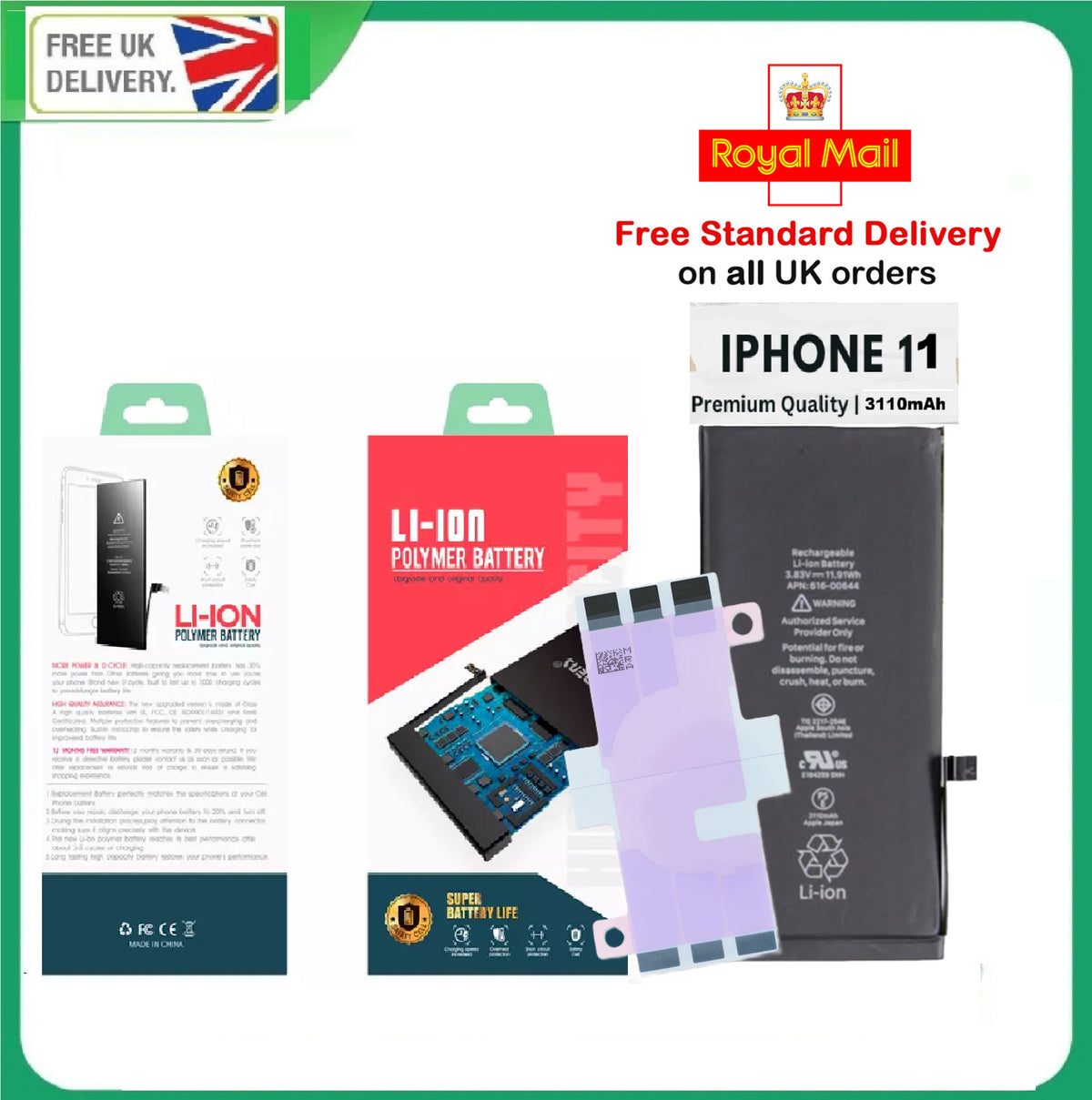 For iPhone 11 Battery Replacement 3110mAh Premium Quality+Adhesive Strips
