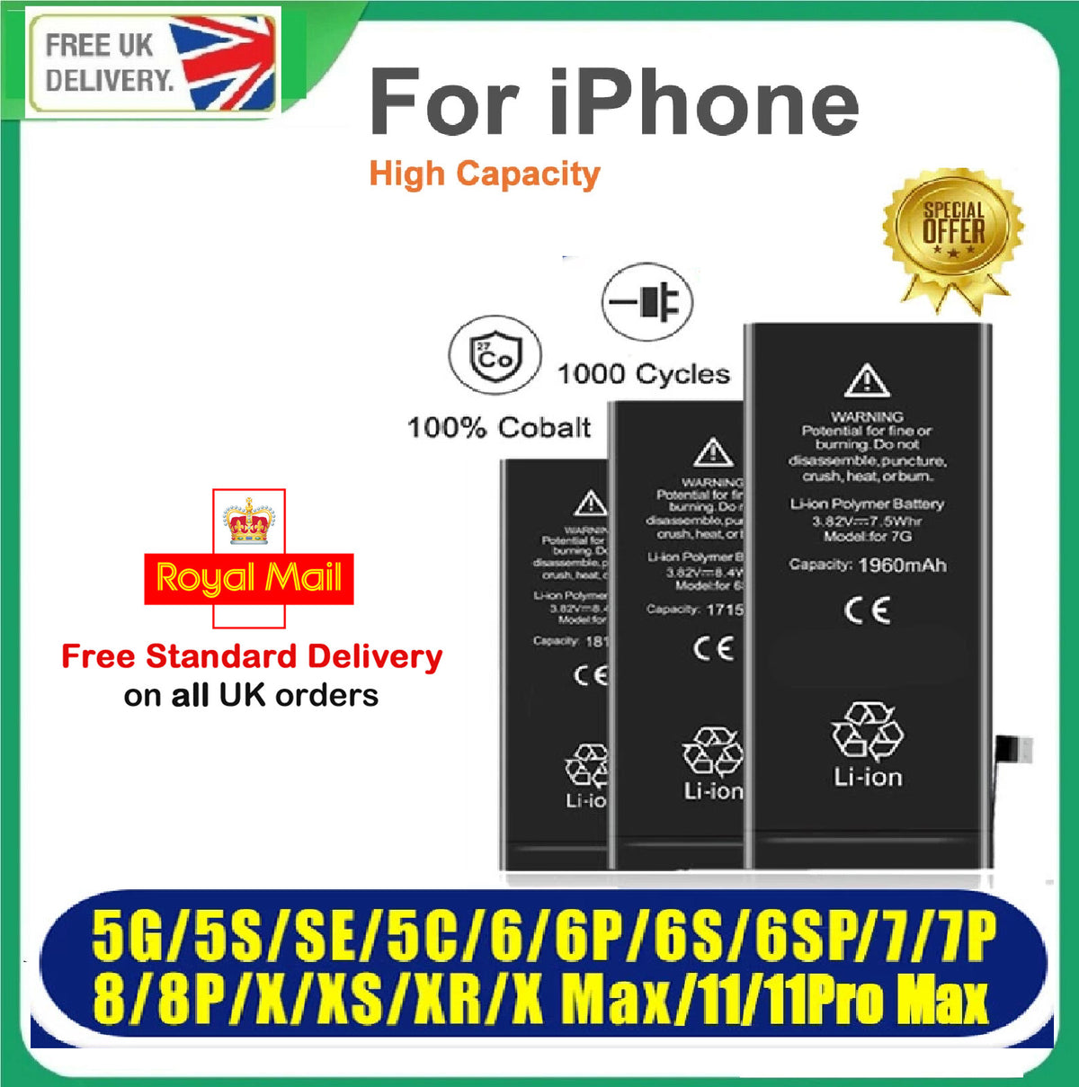 Battery iPhone X, XS, 11, 12, Pro Max's Genuine Capacity Apple 100% REPLACEMENT
