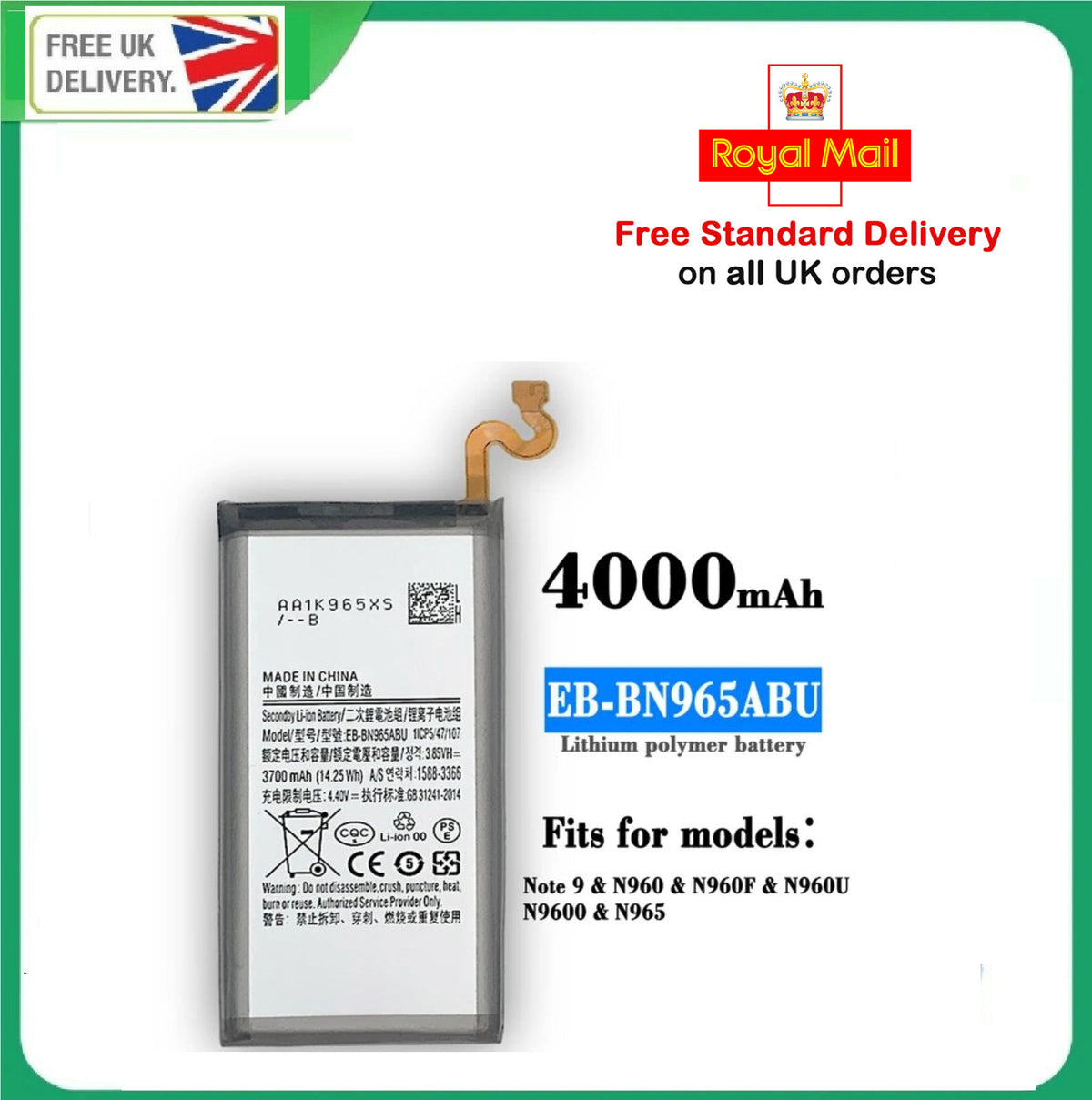 Battery For Samsung Galaxy Note 9 N960 EB-BN965ABU Replacement Internal Battery