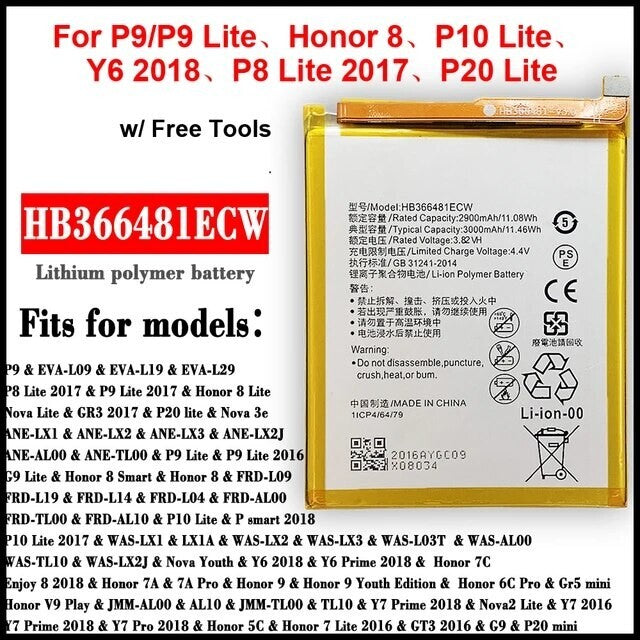 For Huawei P9 / Y7 2018 P20 Lite 2018 Replacement Battery HB366481ECW 3000mah