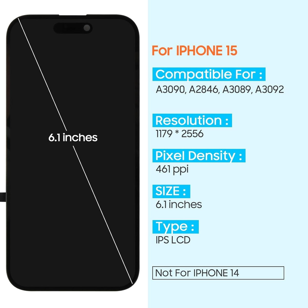 For iPhone 15 LCD COF Screen Replacement 3D Touch Digitizer Full HD 120Hz 6.1"
