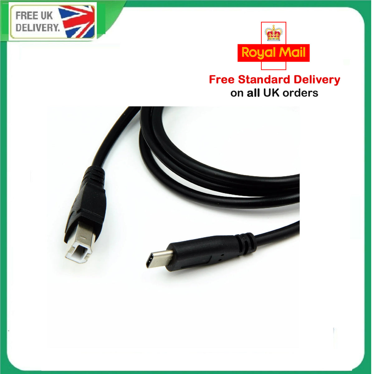 USB Type C to USB Type B Cable Lead For Printer HP Canon Brother Epson Phone 1m