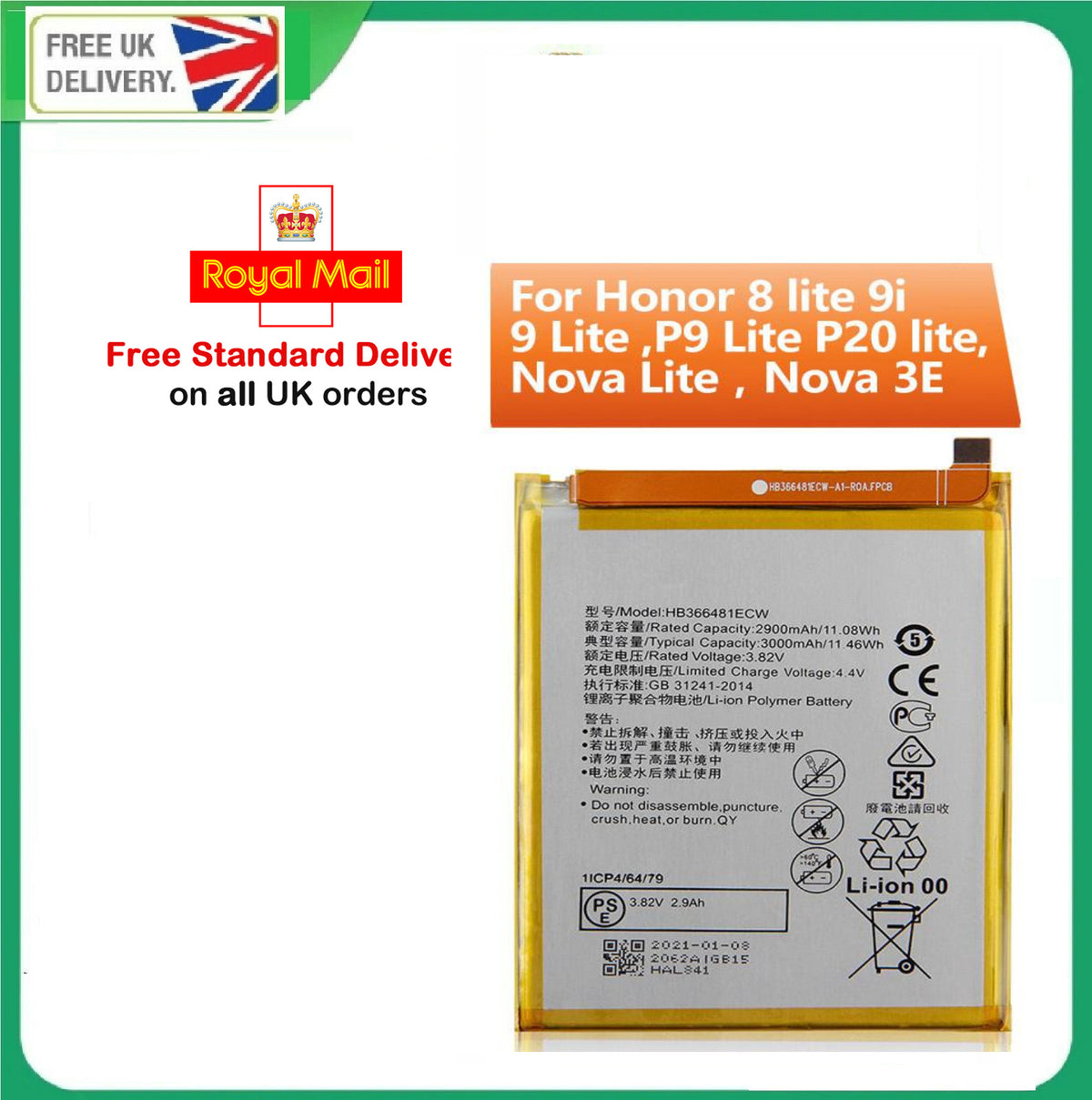 For Huawei P9 / Y7 2018 P20 Lite 2018 Replacement Battery HB366481ECW 3000mah