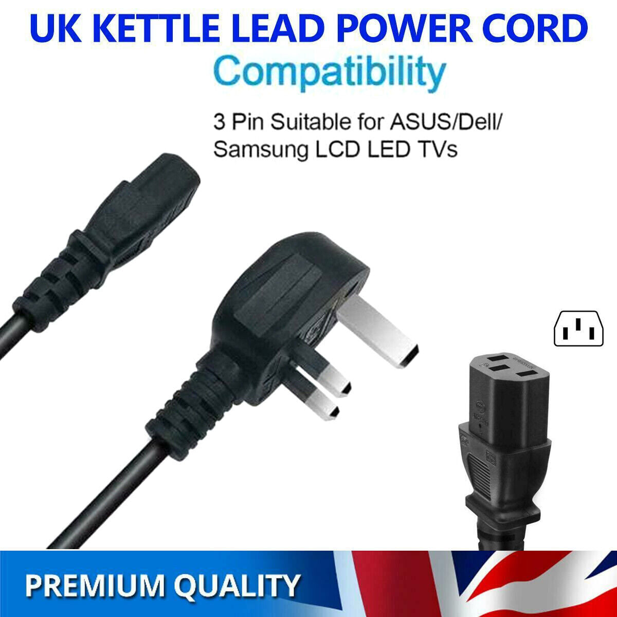 IEC Kettle Lead Power Cable 3 Pin UK Plug For PC Monitor TV C13 to BS1363 Lot