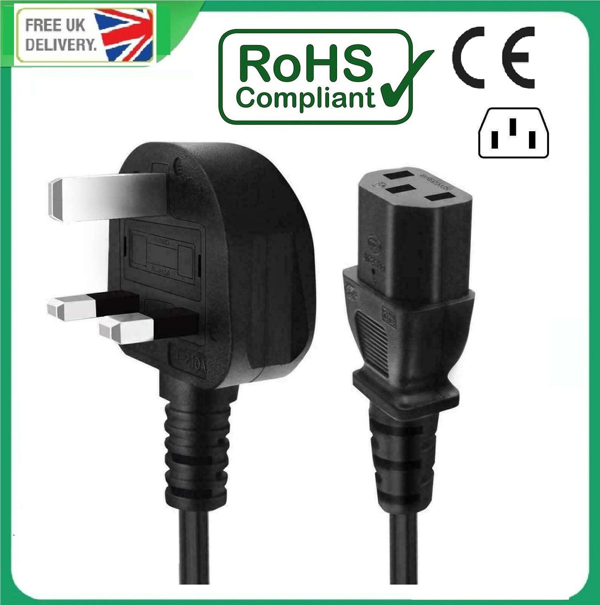IEC Kettle Lead Power Cable 3 Pin UK Plug For PC Monitor TV C13 to BS1363 Lot