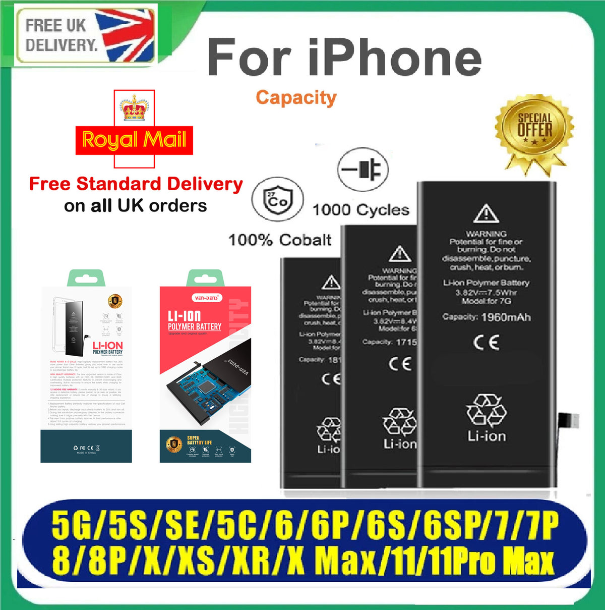 Replacement Battery For iPhone SE 5 5s 6 6s 7 8 X XS XR SE2 11 PRO MAX PLUS