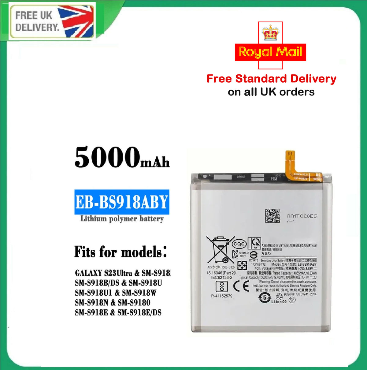 Replacement Battery For Samsung Galaxy S23 Ultra 5G SM-S918 EB-BS918ABY 5000mAh