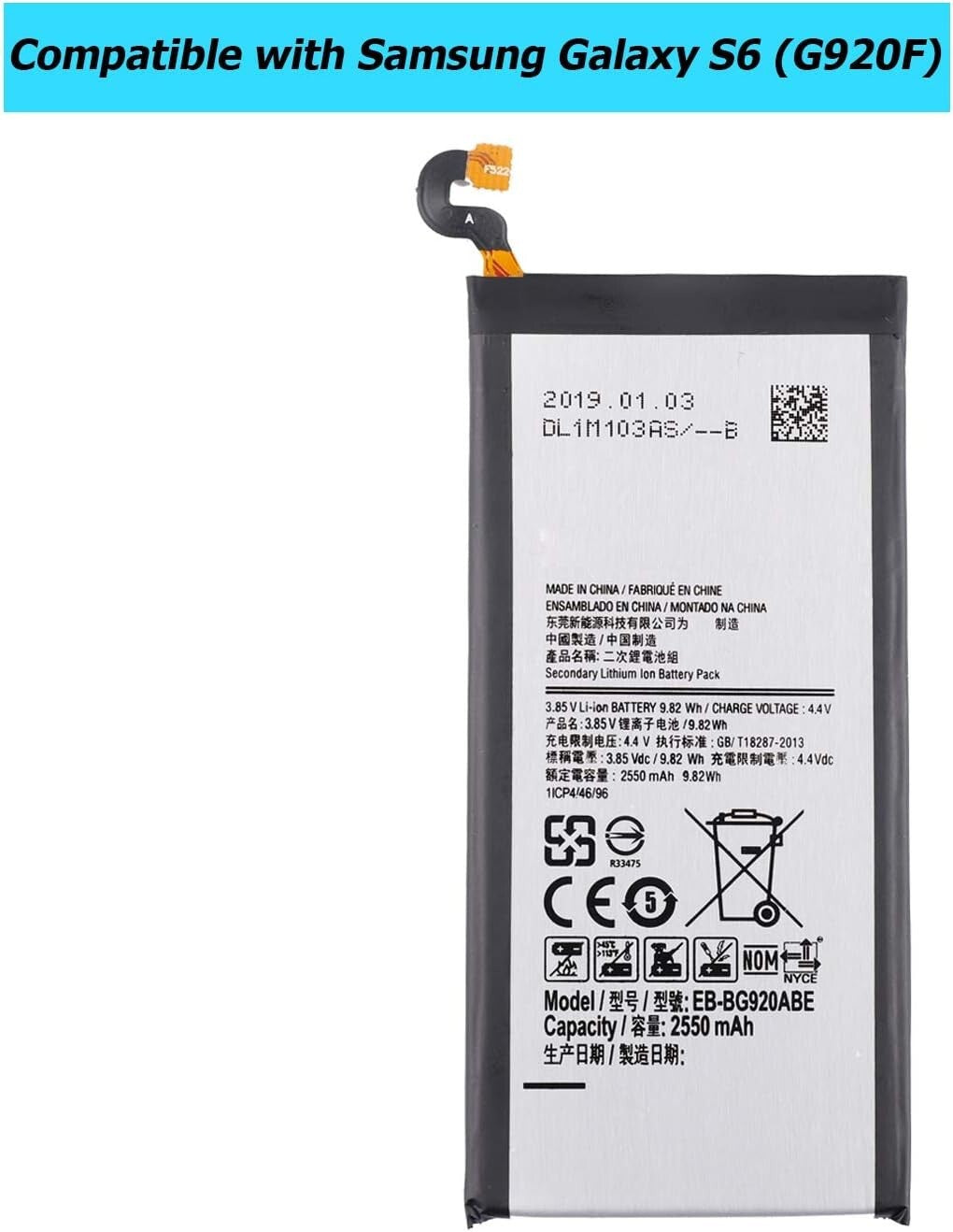 For Samsung EB-BG920ABE 2550mAh Battery For Samsung Galaxy S6 SM-G920