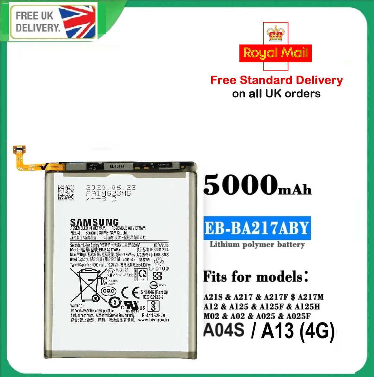 Replacement Battery For Samsung Galaxy A13 4G A12 A21S SM-A135F EB-BA217ABY