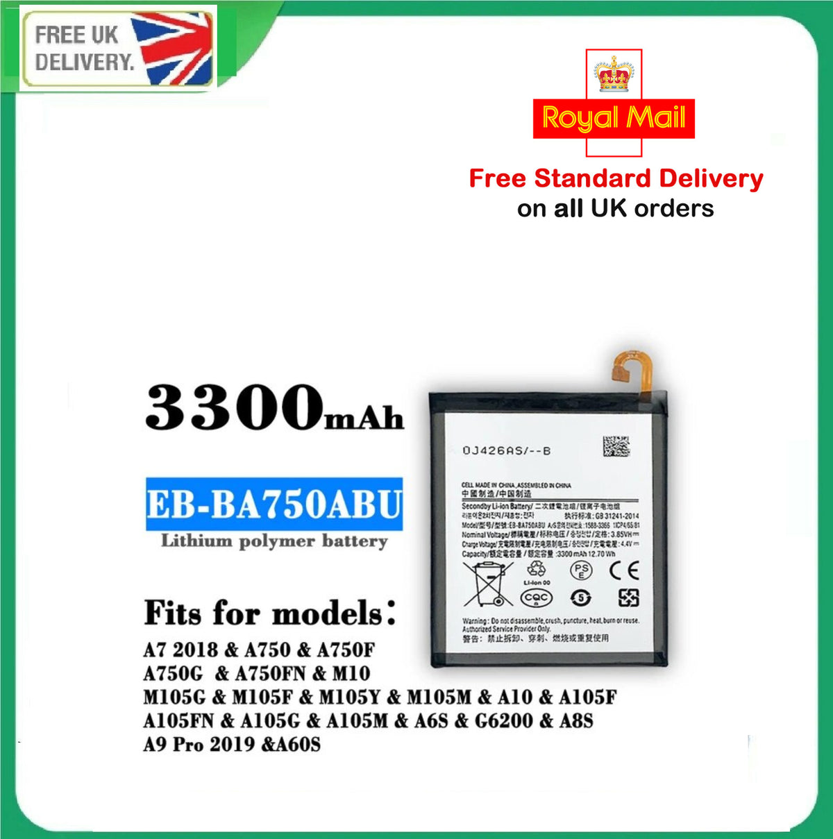 Battery For Samsung Galaxy A10 SM-A105 A7 2018  A750 3300mAh Internal Battery UK