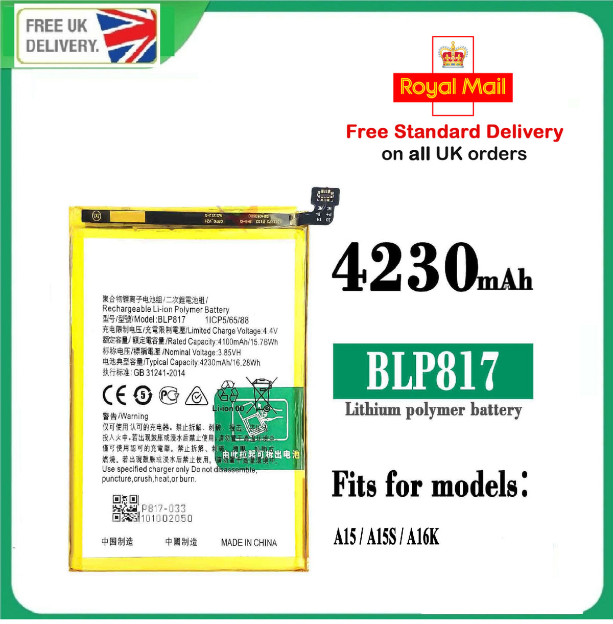 For Oppo A15, A15S Internal Battery 4230mAh BLP817 CPH2185