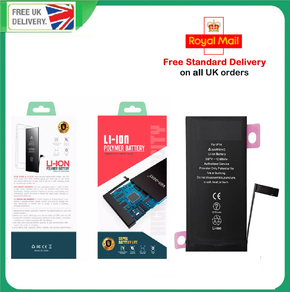 For iPhone 14 Battery Replacement 3279mAh Premium Quality+Adhesive Strips