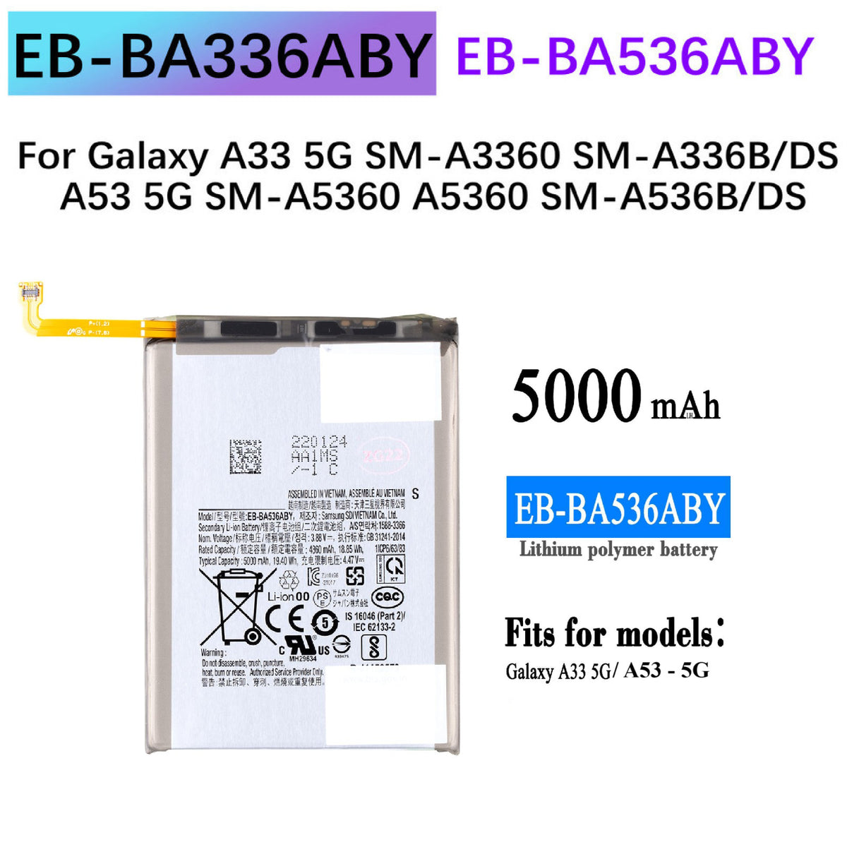 New Battery For Samsung Galaxy A33 5G A53 5G EB-BA336ABY 5000mAh SM-A336B-UK