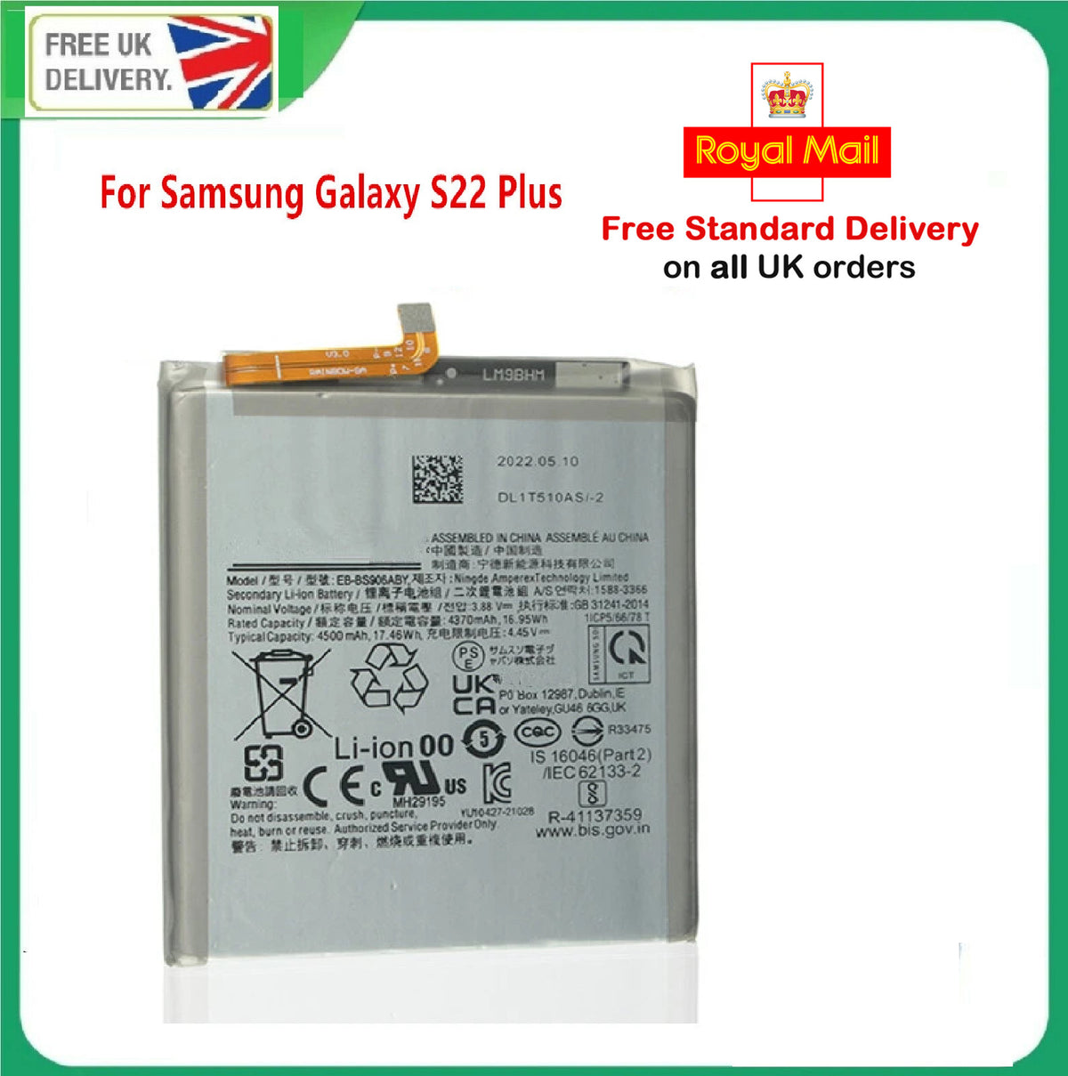 Replacement Battery For Samsung Galaxy S22 Plus SM-S906 EB-BS906ABY 4500mAh
